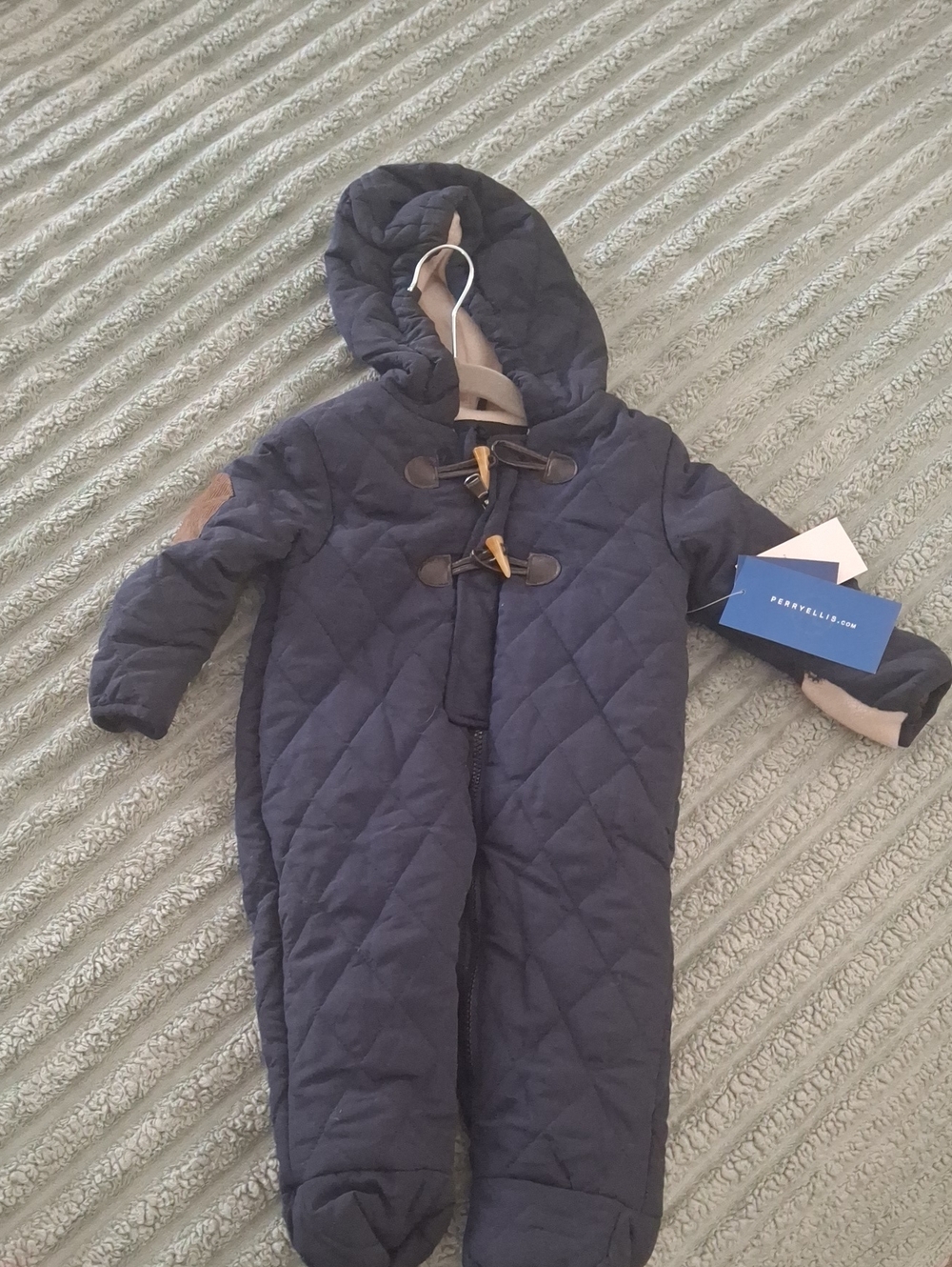Perry Ellis Navy Quilted Hooded Baby One-Piece Footie